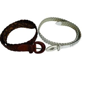 BUNDLE of TWO Braided Leather 36" Long Belts Women Small Brown White